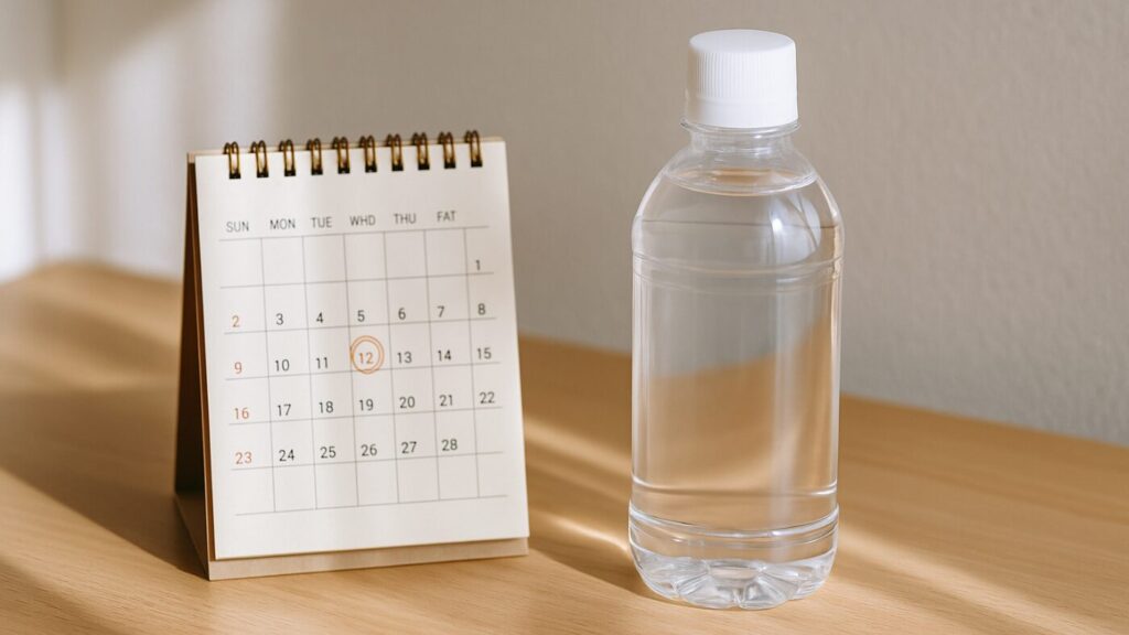 木製デスクの上に小さな卓上カレンダーと保存水ボトルが置かれ、日付に丸印が付いている。朝の光が差し込む穏やかなシーン。