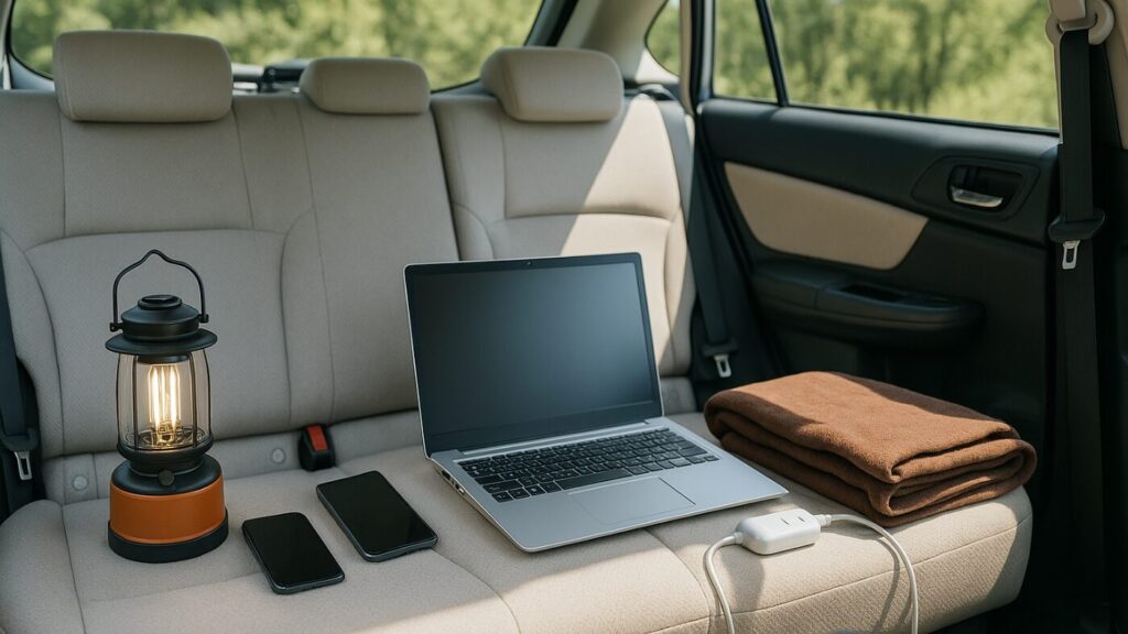 明るい車内に照明・スマートフォン・電気毛布などが並び、1晩で使う電力量のイメージを表現した写真。