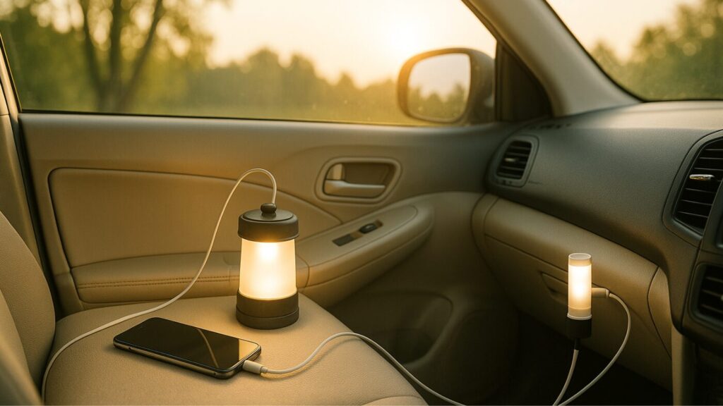 朝の光が差し込む車内で、スマートフォンや照明が静かに充電されている様子。明るく穏やかな電気のある暮らしを表現。