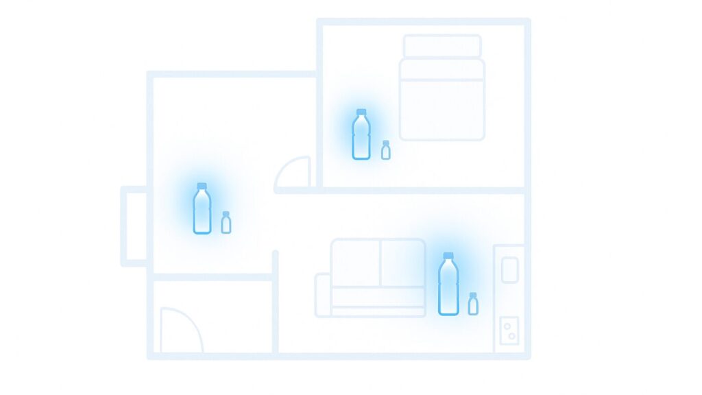 家の平面図シルエットに青い光の点が玄関・寝室・リビング・キッチンに灯り、それぞれに小さなボトルアイコンが浮かんでいる。