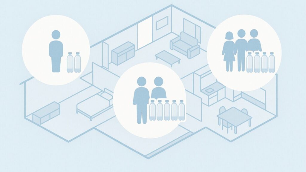家の俯瞰イラストに、1人・2人・4人家族それぞれの備蓄量を示す円と透明ボトルが配置され、量の違いがわかるミニマルなデザイン。