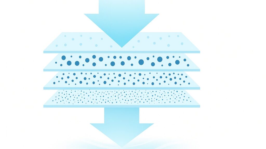 中空糸膜フィルターの仕組みを表した図。水が通る際に不純物をこし取る様子を青いグラデーションで表現。