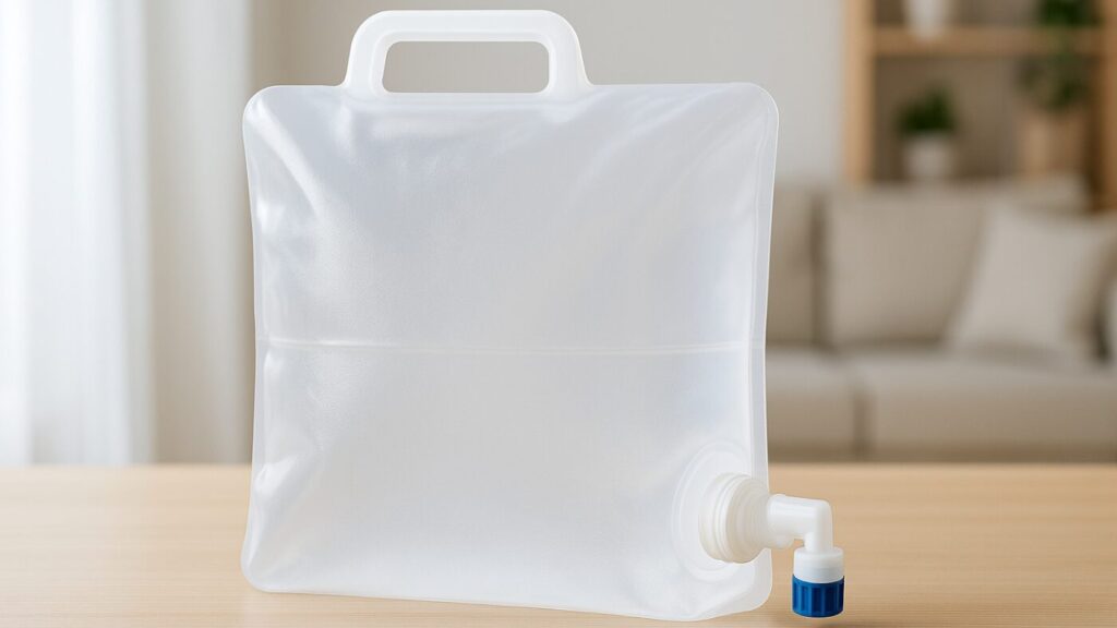 折りたたみウォータータンクの本体を接写。軽くて折りたたみやすい防災用タンク。