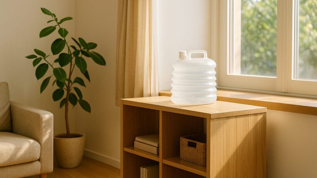 リビングの棚に折りたたみウォータータンクを備えた風景。日常に溶け込む防災イメージ。