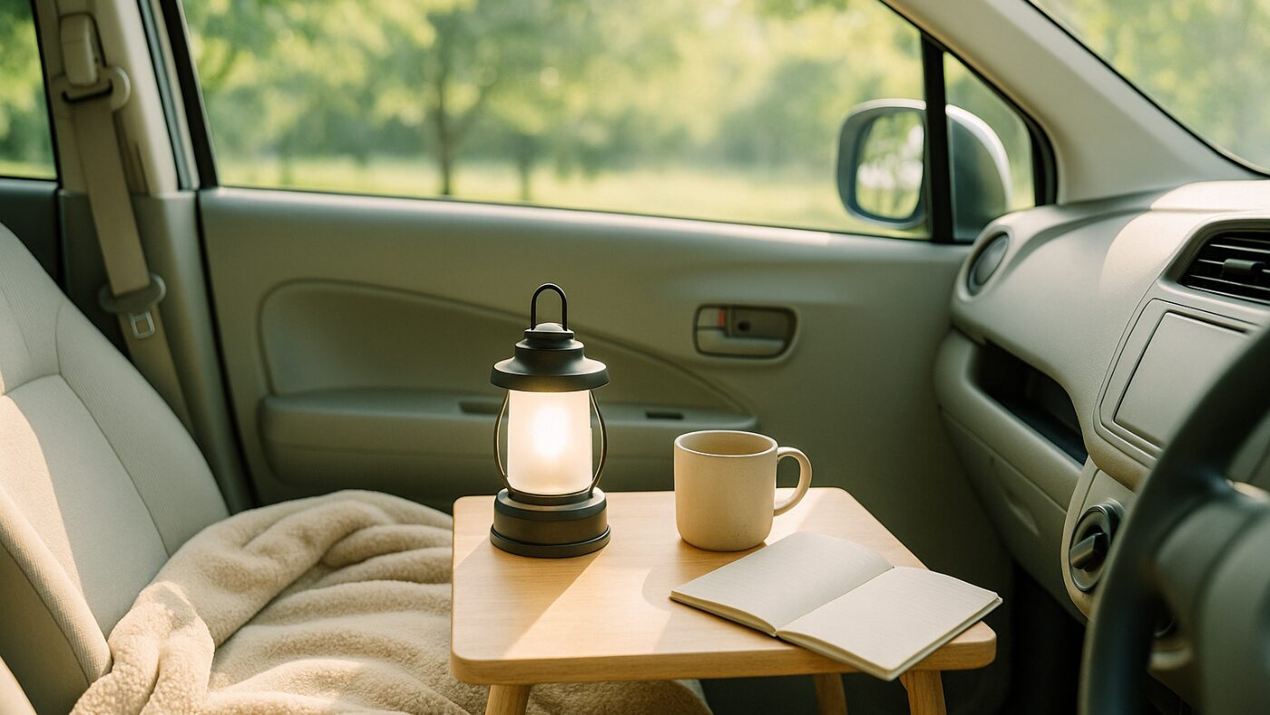 朝の自然光が差し込む車内。毛布と小さなランタン、カップが置かれた“電気のある安心”を表現した写真。