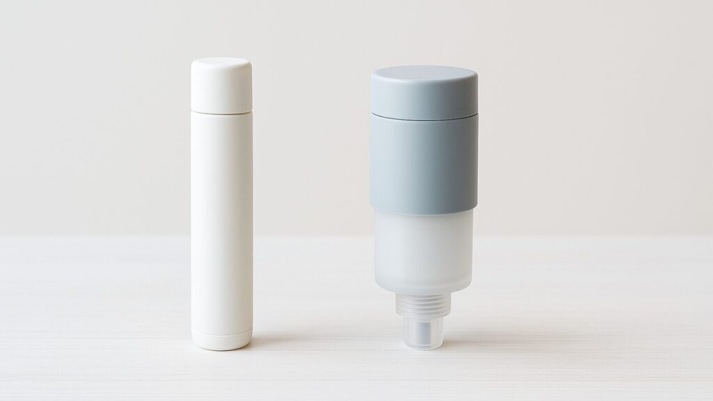 白いテーブルに置かれた2種類の携帯浄水器。軽量タイプとボトル接続型の比較イメージ。