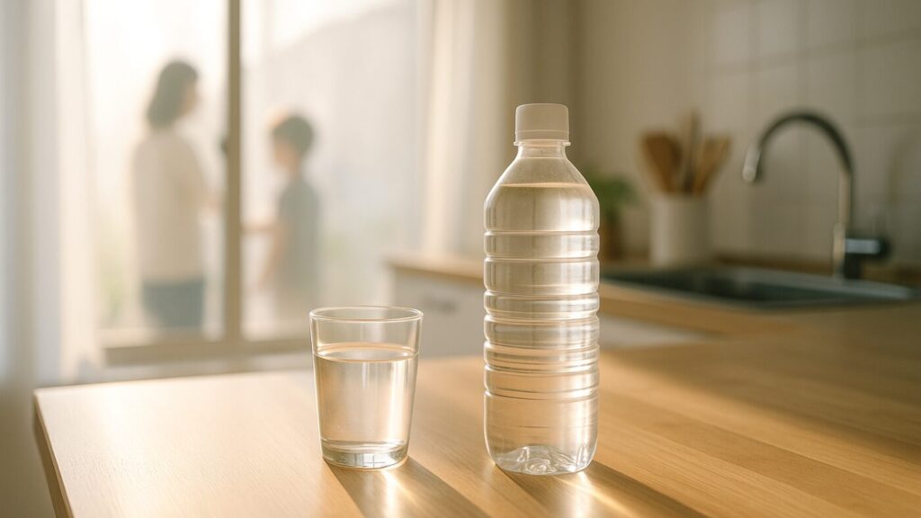 朝のキッチン。窓際のテーブルにコップと保存水ボトルが置かれ、差し込む光で水面がきらめく。背景に家族のシルエットが柔らかく映り、“水がある日常の安心”を感じる情景。