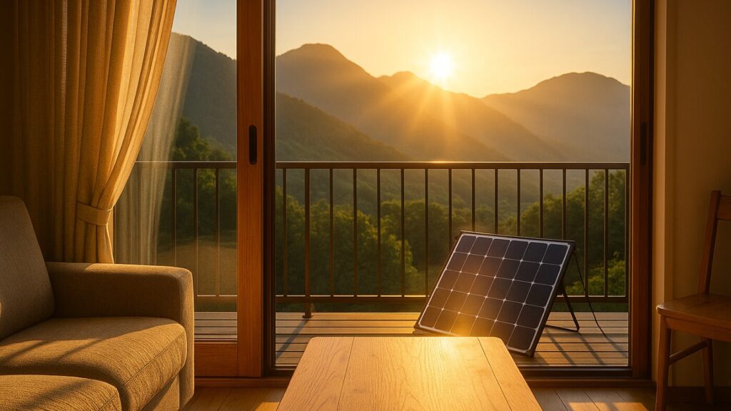 朝日が差し込むリビング。窓の外にソーラーパネルと山並み。太陽光が希望を感じさせる防災イメージ。