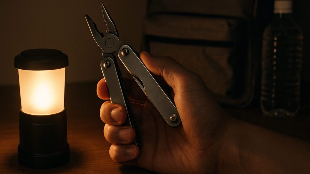 停電時にマルチツールを手に持つ人の手元。防災リュックと水が背景に見える。