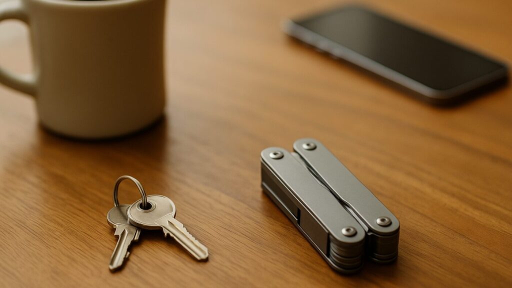 リビングの棚に置かれたマルチツール。使いながら備える暮らしを象徴する穏やかな風景。