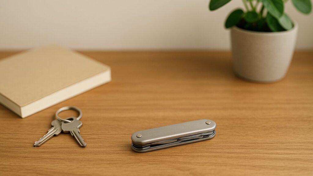 日常のデスクに置かれた無地のマルチツールと鍵。防災と暮らしの共存を象徴する静かなシーン。
