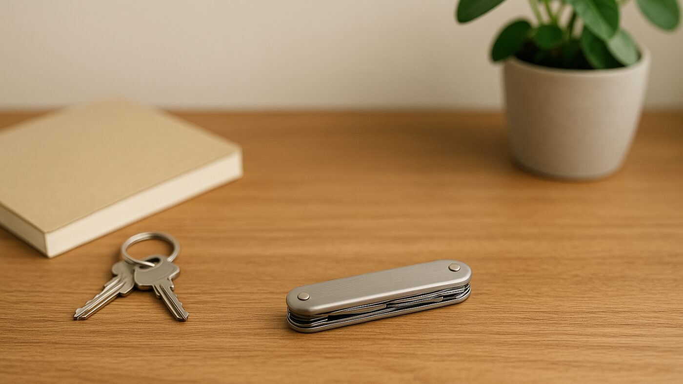 日常のデスクに置かれた無地のマルチツールと鍵。防災と暮らしの共存を象徴する静かなシーン。