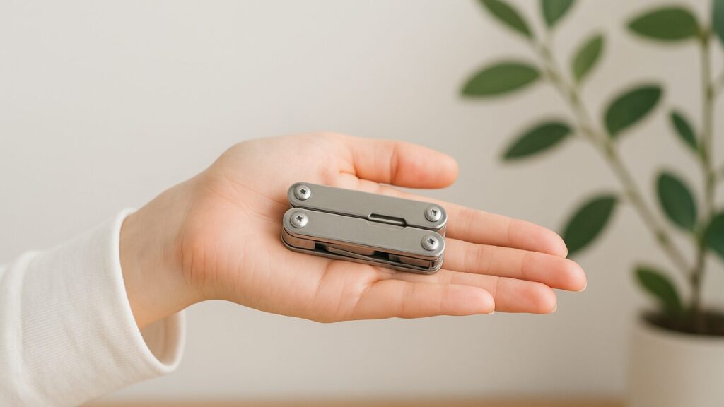 女性の手のひらに収まる小さなマルチツール。軽量で扱いやすい防災グッズを象徴。