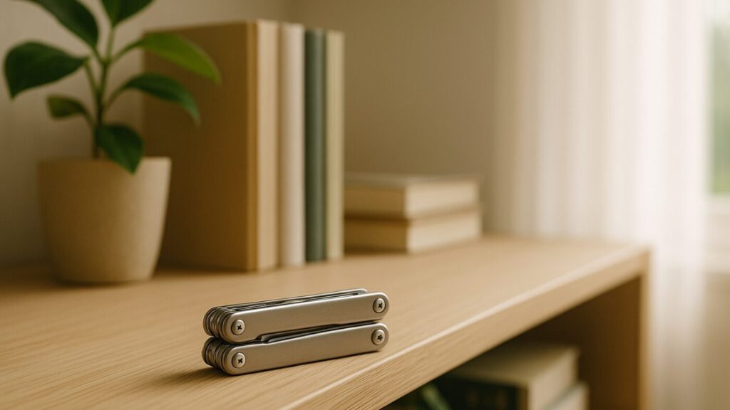 木のテーブルの上に鍵束とマルチツール。日常生活の中で防災を意識できるシーン。