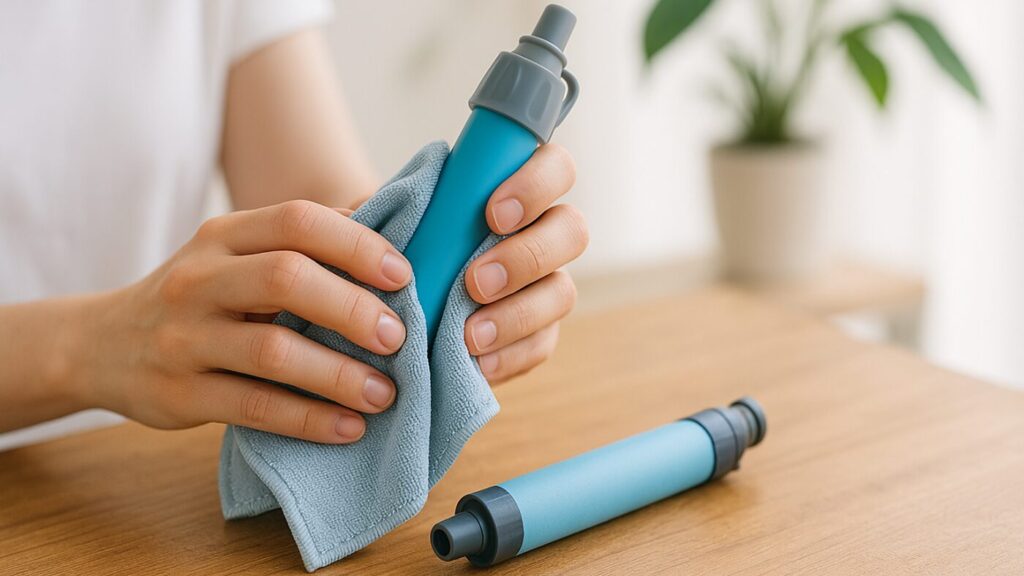 携帯浄水器をタオルで乾かす手元の様子。防災用に正しく保管するイメージ。