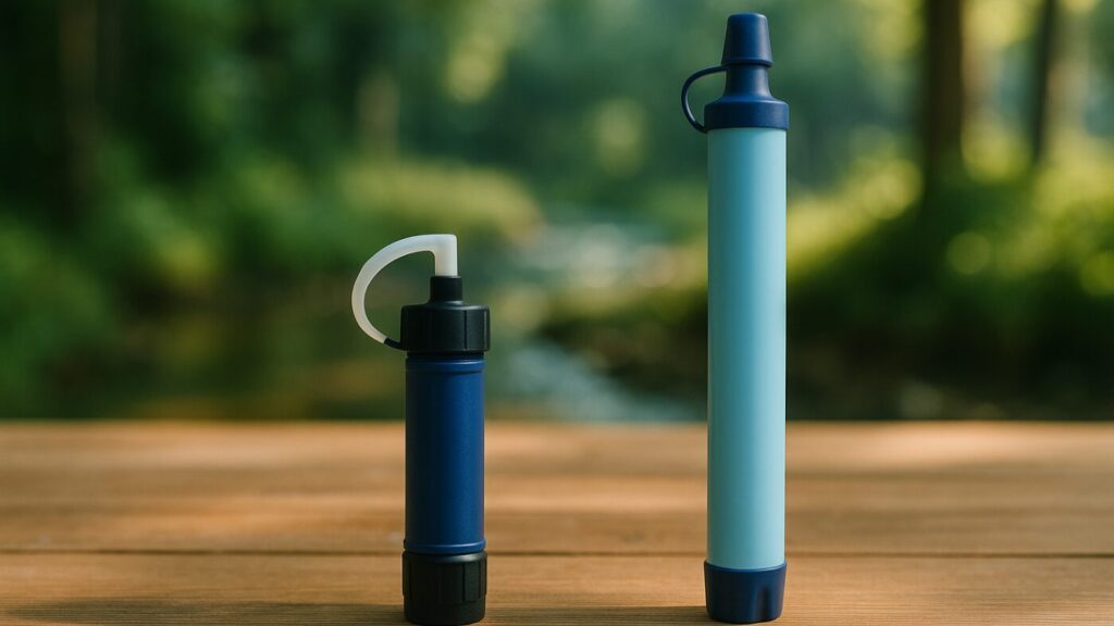 木のテーブルの上に2種類の携帯浄水器が並んでいる。アウトドアと防災の両方で使える2本を比較する構図。