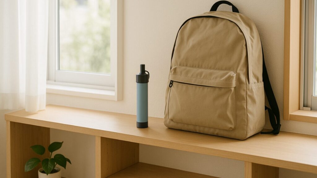 窓際の棚に携帯浄水器と防災リュックが並んでいる。日常に備えが溶け込むイメージ。