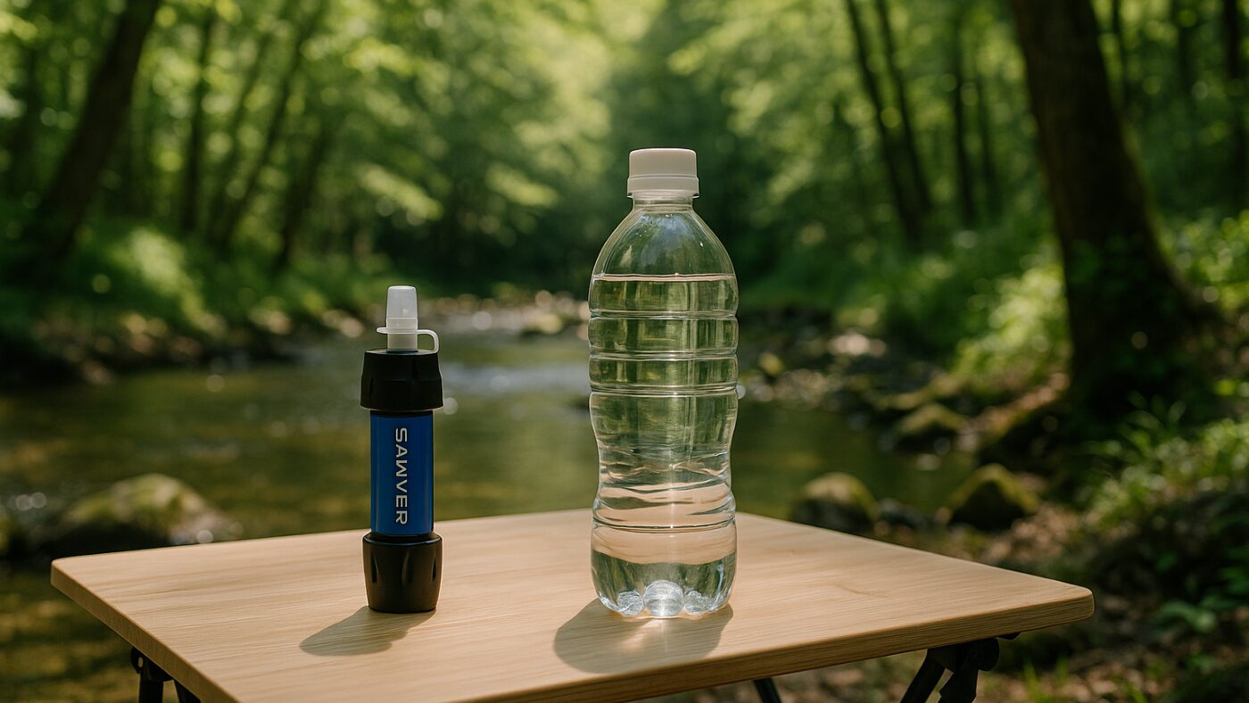 木漏れ日のキャンプ地で、テーブルの上に置かれた携帯浄水器と水のボトル。 自然の水を“飲める水”に変える瞬間を表現した、アウトドアと防災をつなぐイメージ。