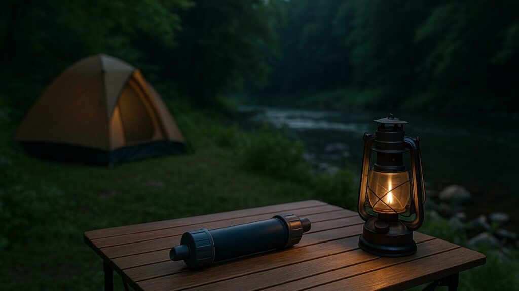 川辺のキャンプ地で携帯浄水器がランタンの光に照らされている。電源がなくても使える安心を表現したイメージ。