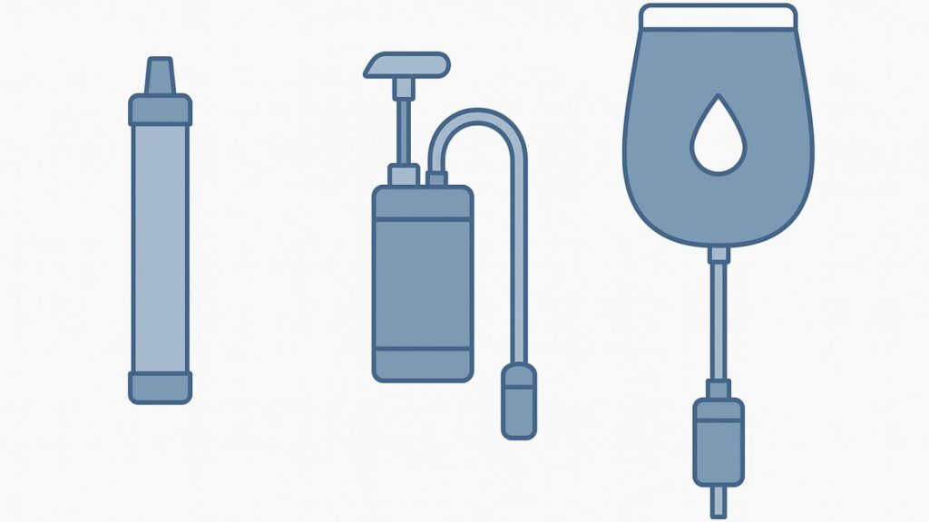 ストロー式・ポンプ式・重力式の3種類の携帯浄水器を並べた比較イラスト。