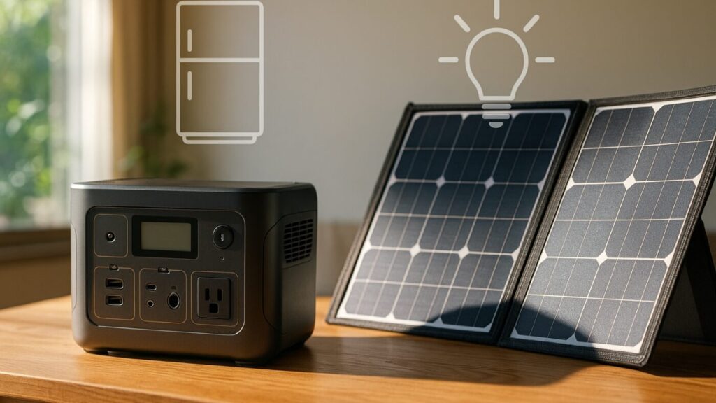 木のテーブルにポータブル電源とソーラーパネルが並ぶ。太陽光が差し込み、停電対策を象徴。