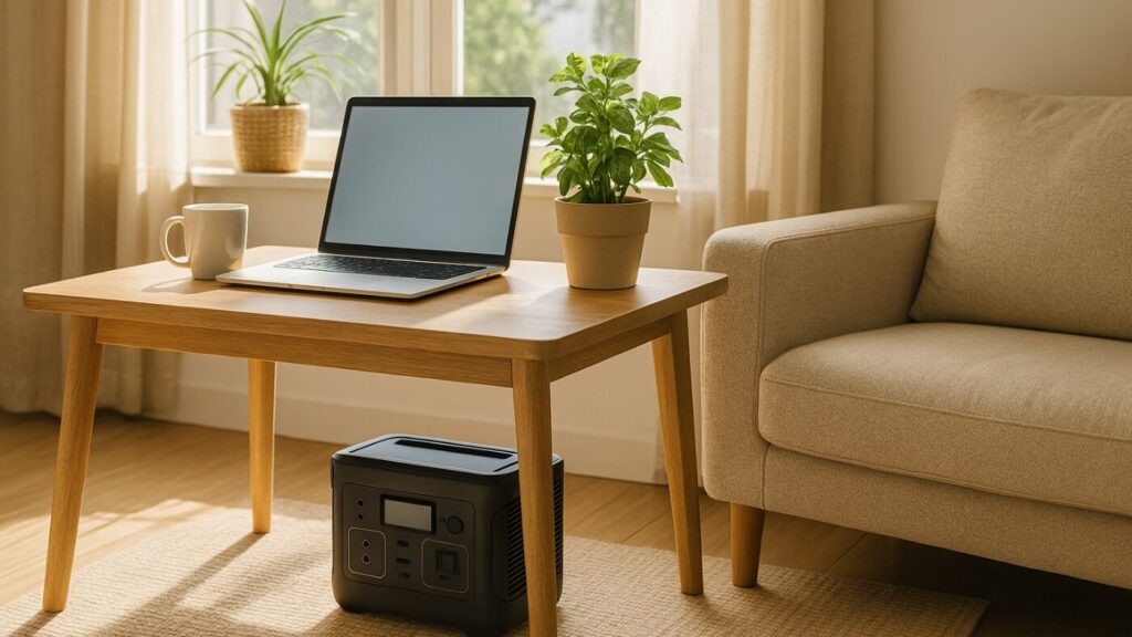 明るい昼のリビング。窓際のテーブルの下に黒いポータブル電源が置かれ、ノートPCとマグカップが並ぶ。
柔らかな自然光に包まれた、“電気のある安心”を感じる日常シーン。