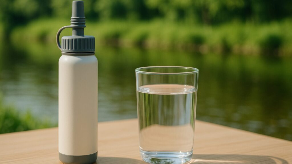 川辺のテーブルの上に置かれた携帯浄水器と透明なコップ。自然光で清潔感のある屋外シーン。