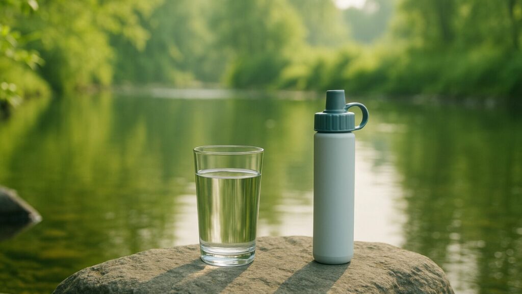 緑に囲まれた川辺に置かれたコップと携帯浄水器。朝の光が反射し、清潔で静かな防災の備えを表現した風景。