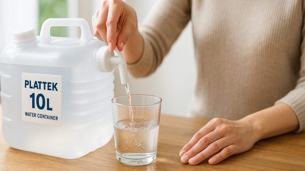 プラテックの折りたたみウォータータンク10Lを使用する手元の様子。防災用として実用的。