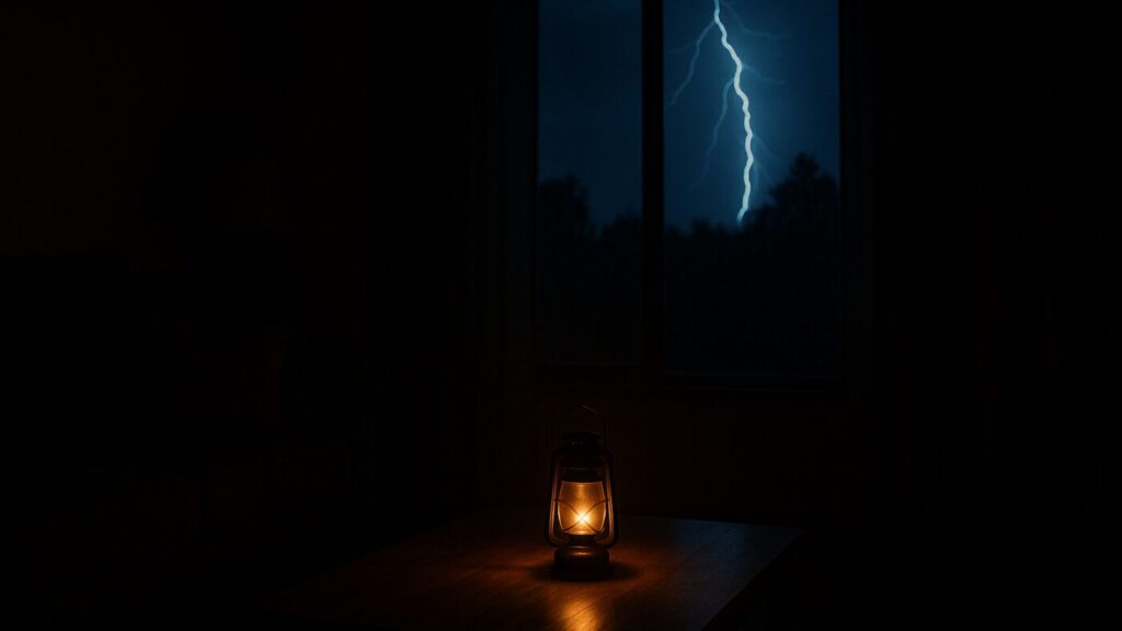 停電した夜のリビングにランタンの光が灯る。遠くで雷が光り、大自然と暮らしの対比を描く。