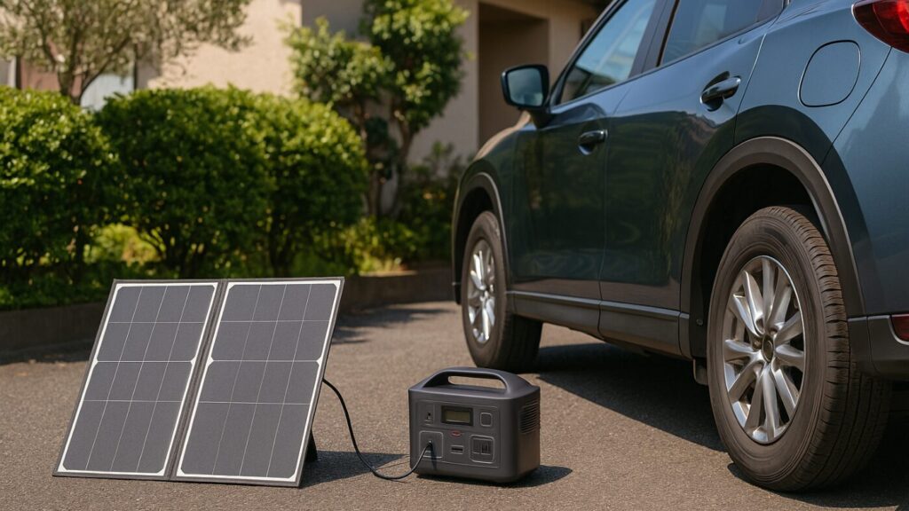 明るい昼の駐車場でソーラーパネルが日光を受けて発電している。日常の中に備えがある安心を表現した写真。