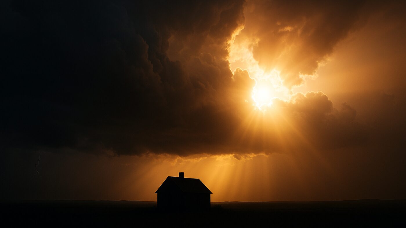 黒雲の切れ間から差し込む太陽光が家を照らす。停電からの希望を象徴する防災テーマのイメージ。