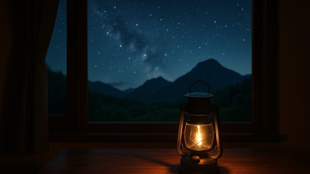 夜の室内でソーラーランタンが灯り、窓の外には星空。小さな光が安心を与える防災イメージ。