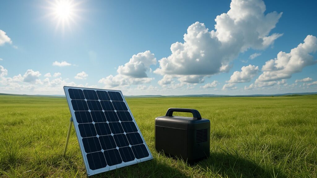 青空の下、草原に設置されたソーラーパネルが太陽光を受けて発電している。自然エネルギーの象徴。