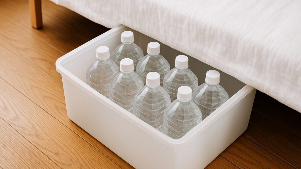 ベッド下の収納ボックスに保存水のボトルをきれいに並べて収納している。狭い部屋でもできる備えの工夫。