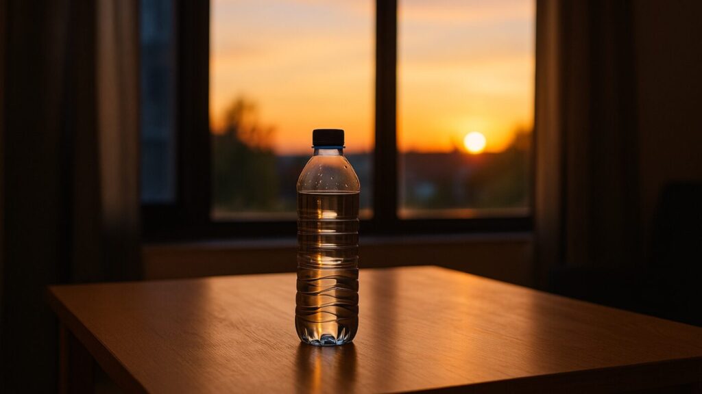 停電した部屋の中、テーブルの上に置かれた1本の水のボトル。光が反射して希望を感じさせる情景。