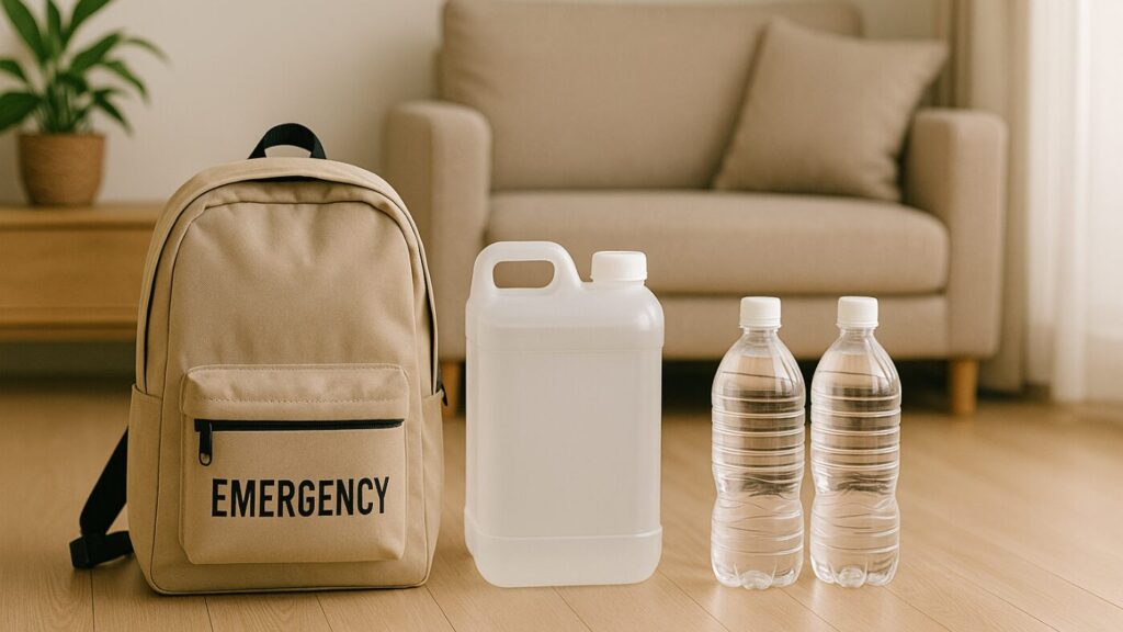 明るいリビングの床に、防災リュックとウォータータンク、保存水ボトルが並ぶ。日常に溶け込む備えの風景。