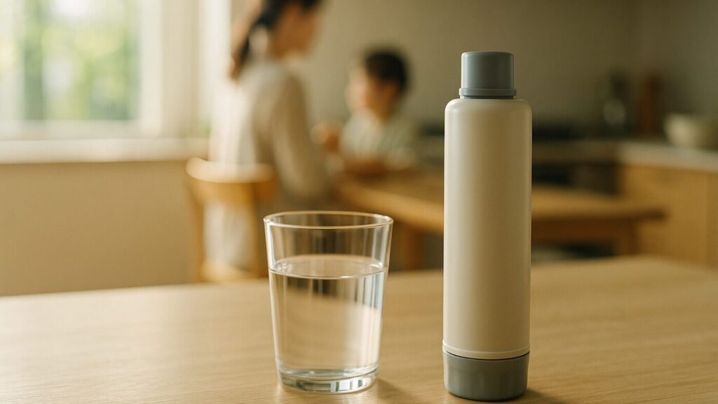 朝の光が差し込むキッチンのテーブルに置かれたコップと携帯浄水器。家族の影が映り、安心を感じるシーン。