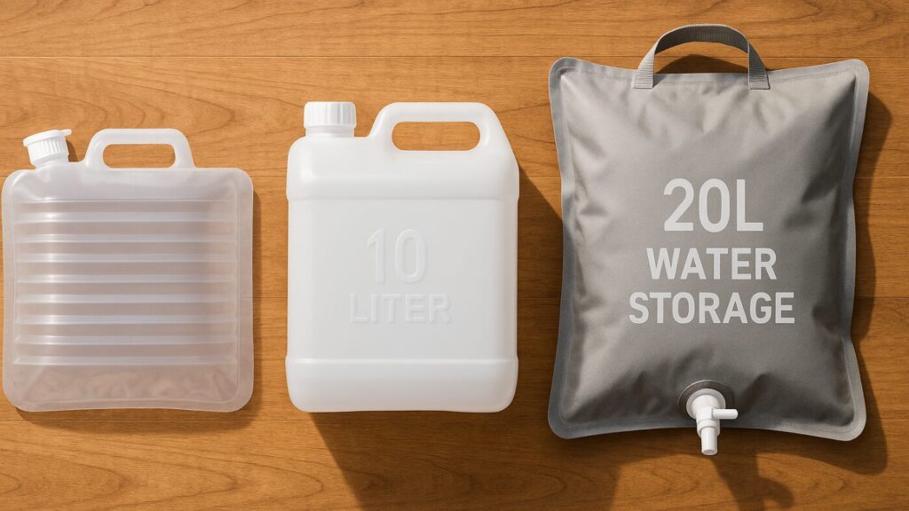 折りたたみウォータータンクの容量と素材の違いを上から見て比較したイメージ。