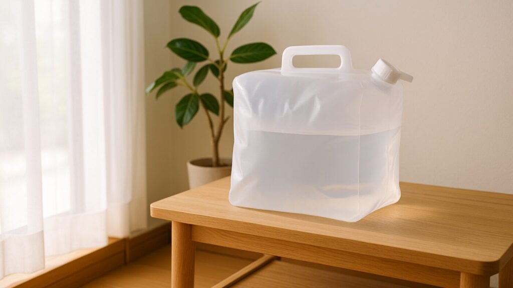 朝の光が差し込む窓辺。木の棚の上に折りたたみウォータータンクが置かれている。背景にレースカーテンと観葉植物があり、暮らしと防災の共存を感じさせる静かな風景。