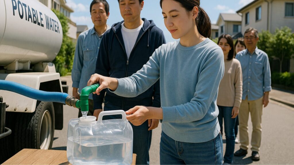 給水所で折りたたみウォータータンクに水を入れる人々の様子。防災時の水確保を表す。