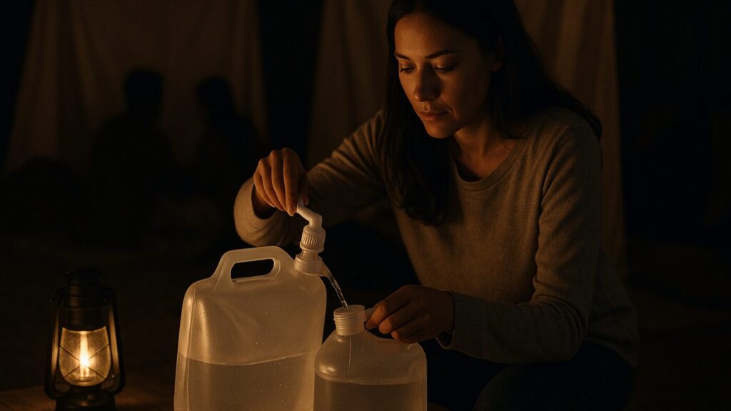 避難所で折りたたみウォータータンクを使って水を注ぐ人の様子。夜間の防災シーン。