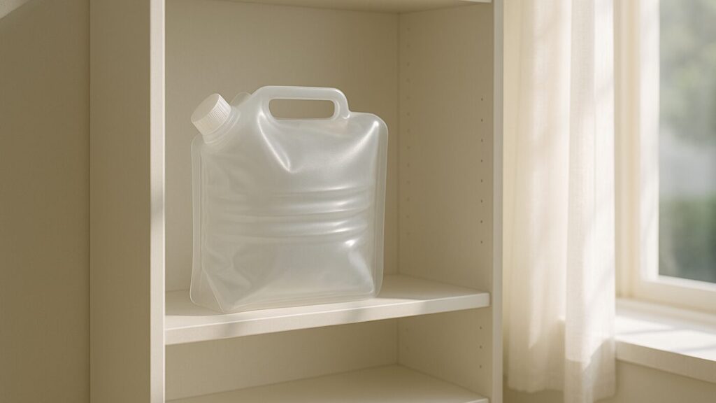 折りたたみウォータータンクを乾かして棚に収納する様子。整った暮らしを象徴。