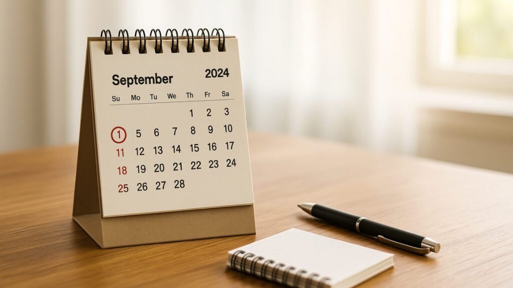 9月1日の防災の日を示すカレンダーとメモのある机の風景