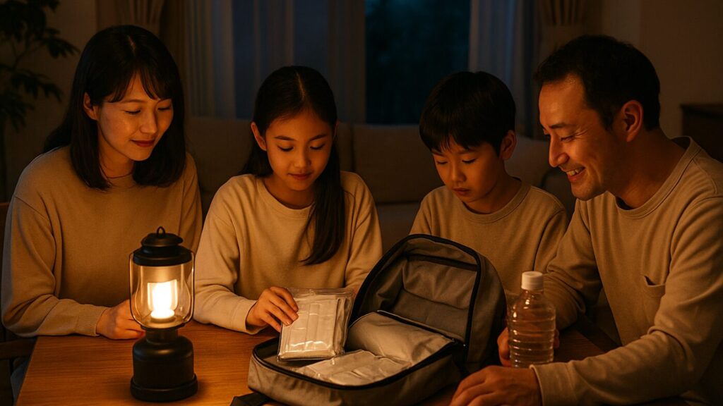 家族が防災リュックの中身を確認しながら話している様子