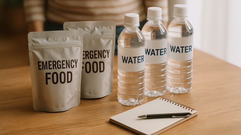 防災の日に非常食と保存水の賞味期限を点検している様子