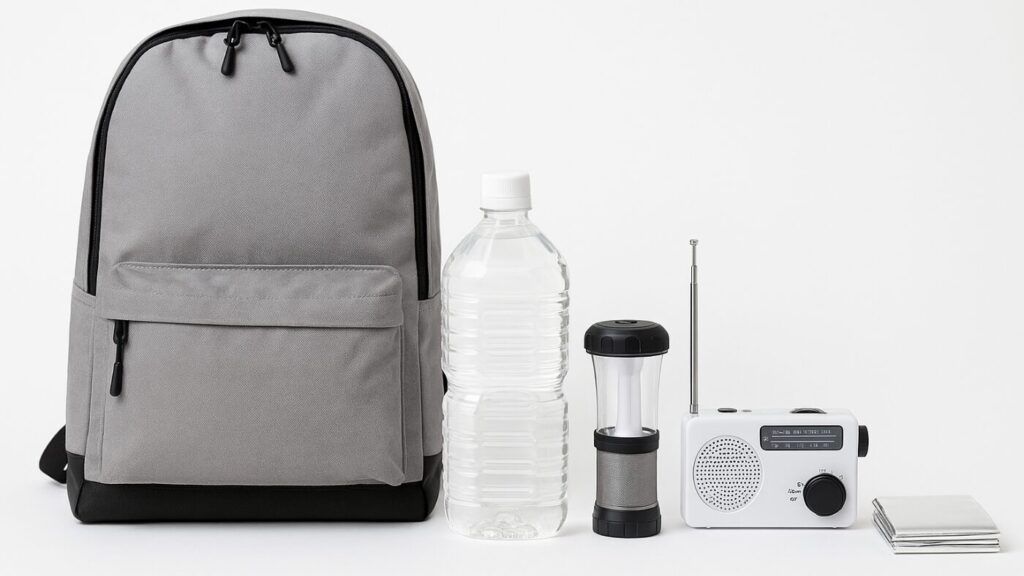 防災の日に見直した防災グッズを整然と並べた様子