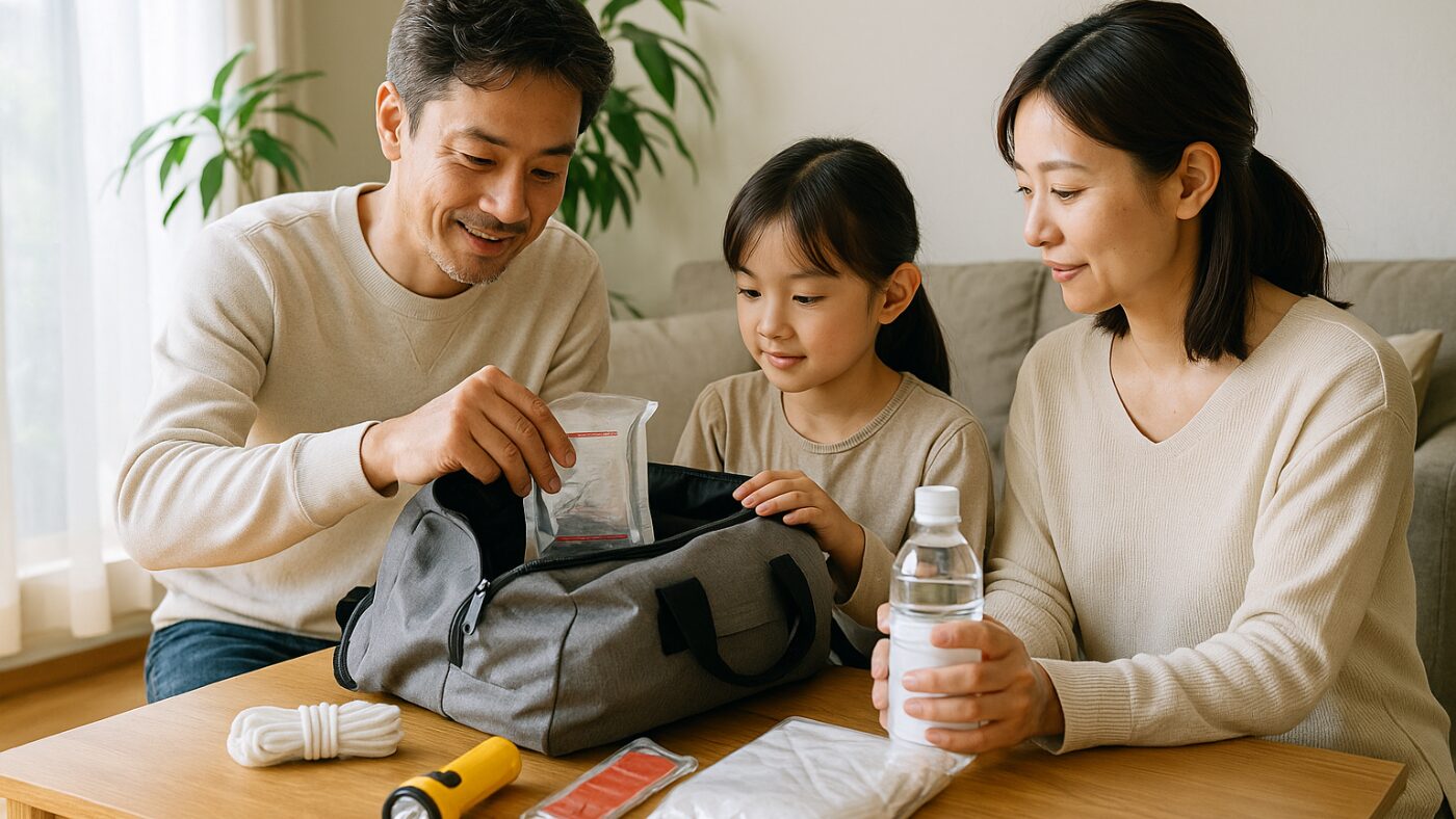 防災の日に家族が防災リュックを点検している様子