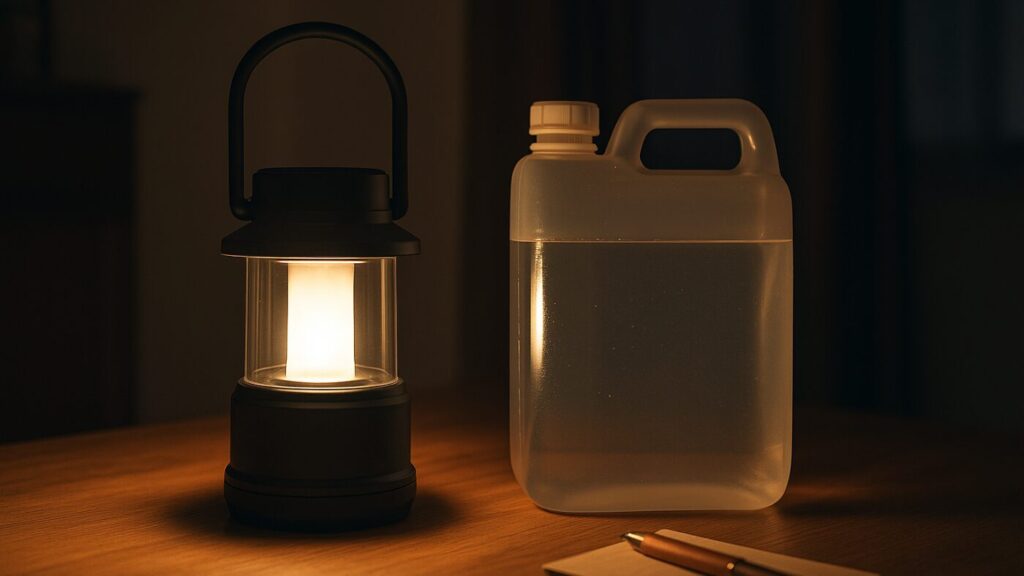 停電や断水時に備えてLEDランタンとウォータータンクを準備している様子