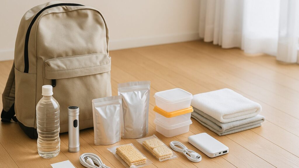 防災リュックを開けて中身を点検している様子